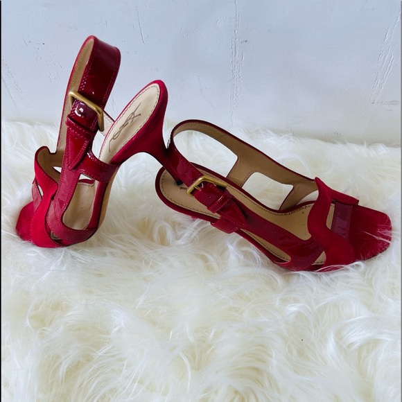 RED YSL Patten Leather & Suede mix high heels sandals. Open Toe, Slingback - Picture 7 of 16